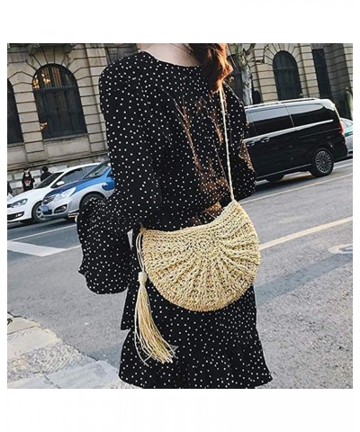 Women handbags Messenger Bag Ladies Crossbody Bag Summer Beach Boho Straw Tassel Semicircle Zipper Crossbody Shoulder Bag Bei...