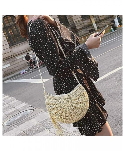 Women handbags Messenger Bag Ladies Crossbody Bag Summer Beach Boho Straw Tassel Semicircle Zipper Crossbody Shoulder Bag Bei...