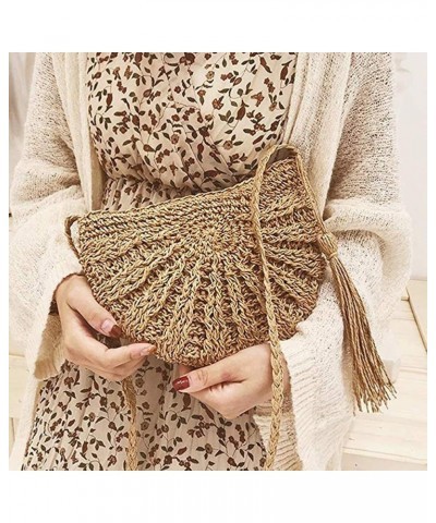 Women handbags Messenger Bag Ladies Crossbody Bag Summer Beach Boho Straw Tassel Semicircle Zipper Crossbody Shoulder Bag Bei...