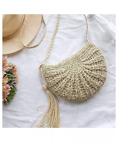 Women handbags Messenger Bag Ladies Crossbody Bag Summer Beach Boho Straw Tassel Semicircle Zipper Crossbody Shoulder Bag Bei...