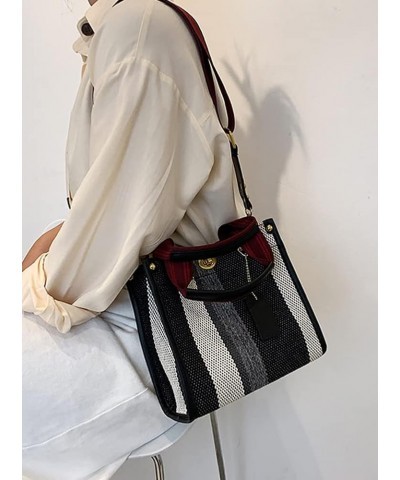 Tote Bag Hobo Bag for Women Canvas Shoulder Bag Chic Crossbody Bag Satchel Large Handbag Color Contrast Stripe Black-small $3...