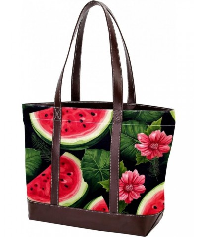 Watermelon Canvas Leather Mix Handbag - 13.3x4.7x12.2 in - Stylish and Functional Women's Shoulder Bag $19.68 Totes