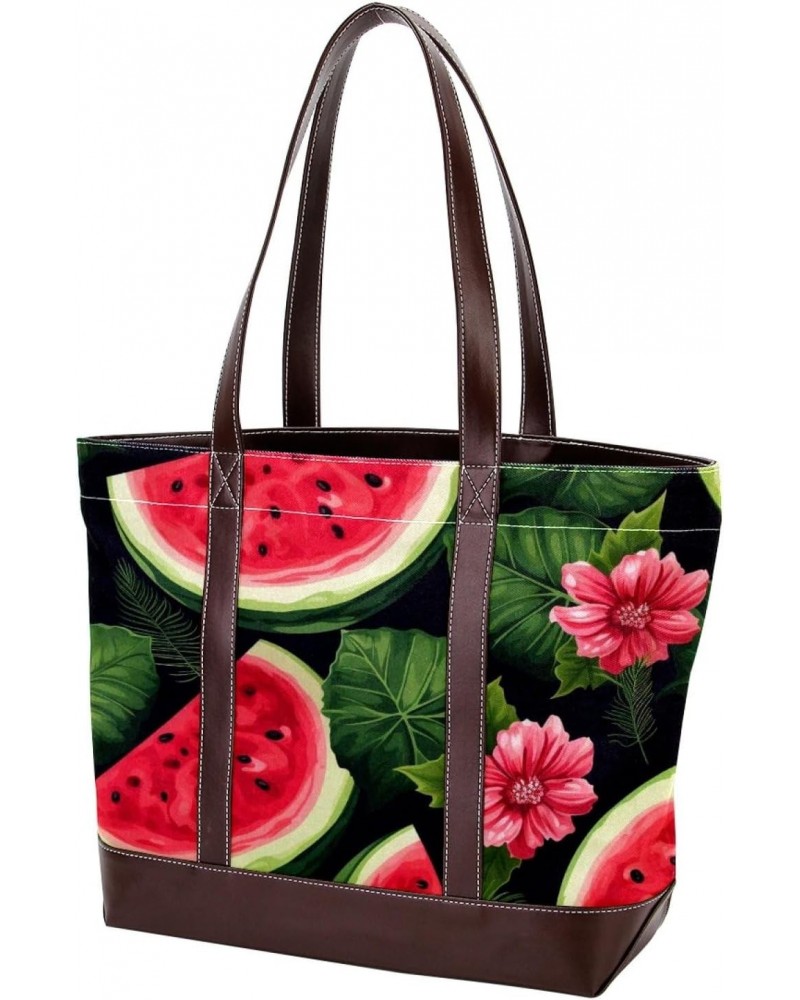 Watermelon Canvas Leather Mix Handbag - 13.3x4.7x12.2 in - Stylish and Functional Women's Shoulder Bag $19.68 Totes