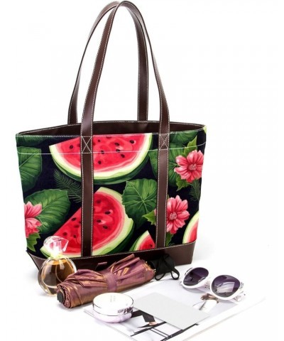 Watermelon Canvas Leather Mix Handbag - 13.3x4.7x12.2 in - Stylish and Functional Women's Shoulder Bag $19.68 Totes