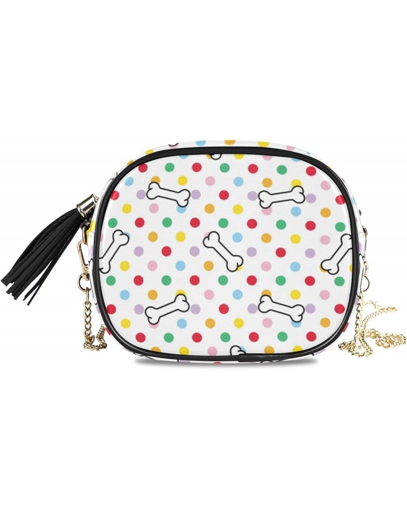 Small Crossbody Bag Dog Bone Colored Polka Dot Womens Shoulder Chain Bag PU Leather Small Purse With Tassel $12.71 Shoulder Bags