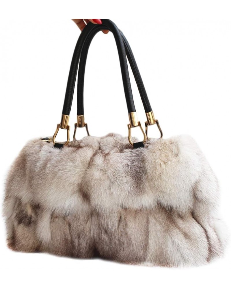 Fashion Real Fox Fur Shoulder Bags for Women Genuine Cowhide Handle Crossbody Bags Casual Large Handbags Beige $63.00 Shoulde...