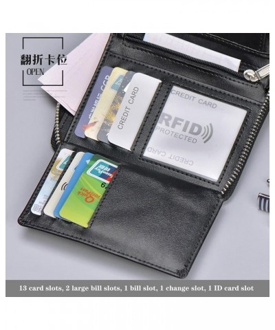 leather zipper with coin pocket flap double-sided card slot RFID blocking zipper around front pocket bi-fold men's gift walle...