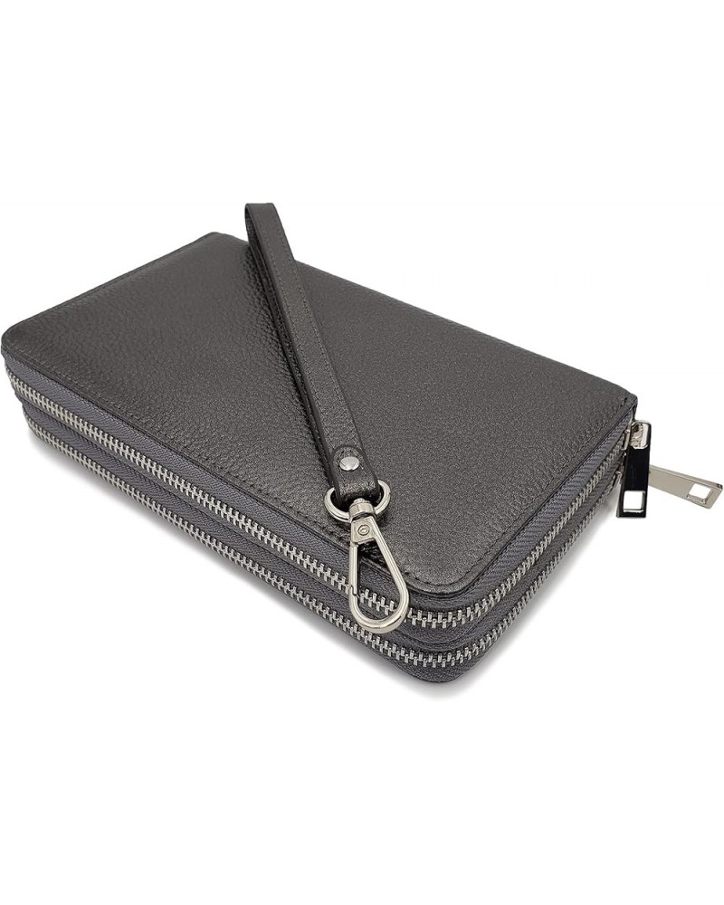 AG Wallets Women's Double Zipper RFID Leather Wristlet Wallet (Vintage Pink) Gunmetal Gray $31.27 Wristlets