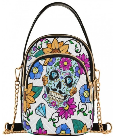 Bright Sugar Skulls Crossbody Bags for Women Quilted Chain Crossbody Purses Trendy Sunflowers Diamonds Cross Body Phone Purse...