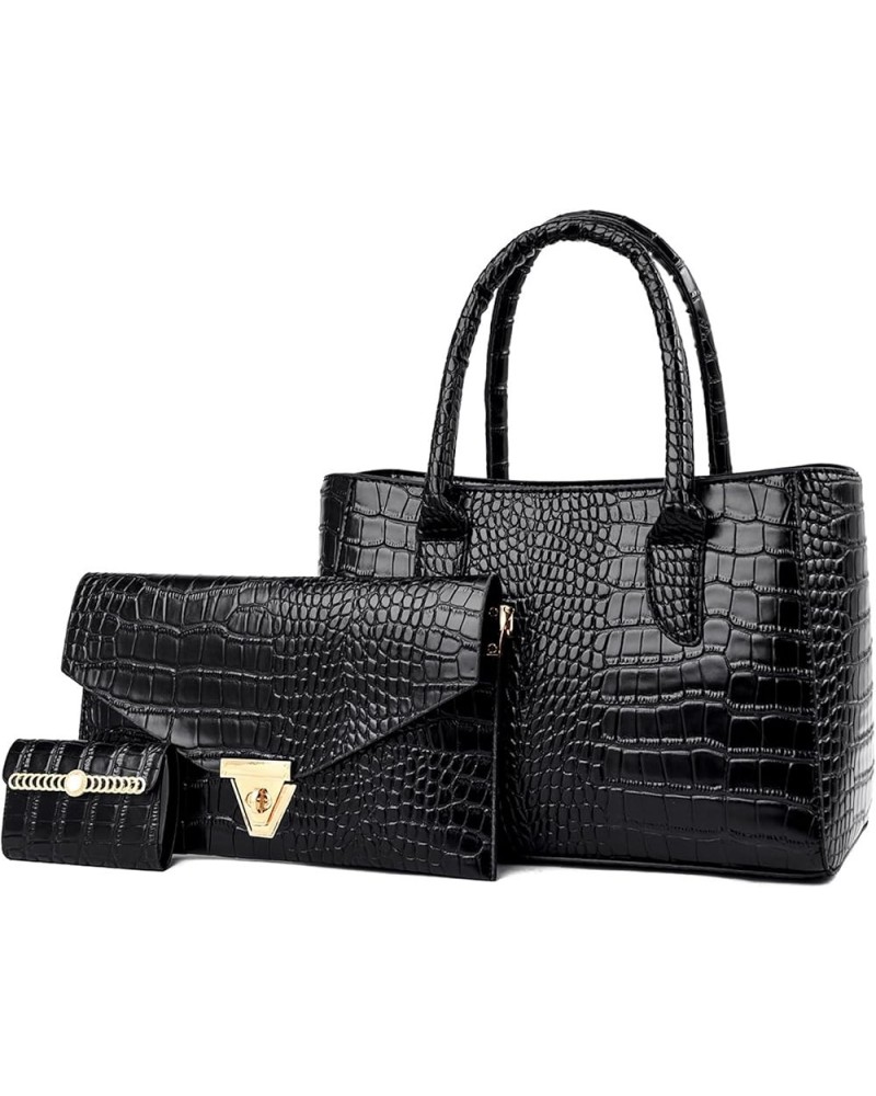 Women's 3Pcs Top Handle Satchel Bag Crocodile PU Leather Luxury Shoulder Crossbody Bag Elegant Handbag Purse Clutch Black $30...