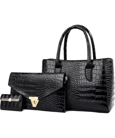 Women's 3Pcs Top Handle Satchel Bag Crocodile PU Leather Luxury Shoulder Crossbody Bag Elegant Handbag Purse Clutch Black $30...