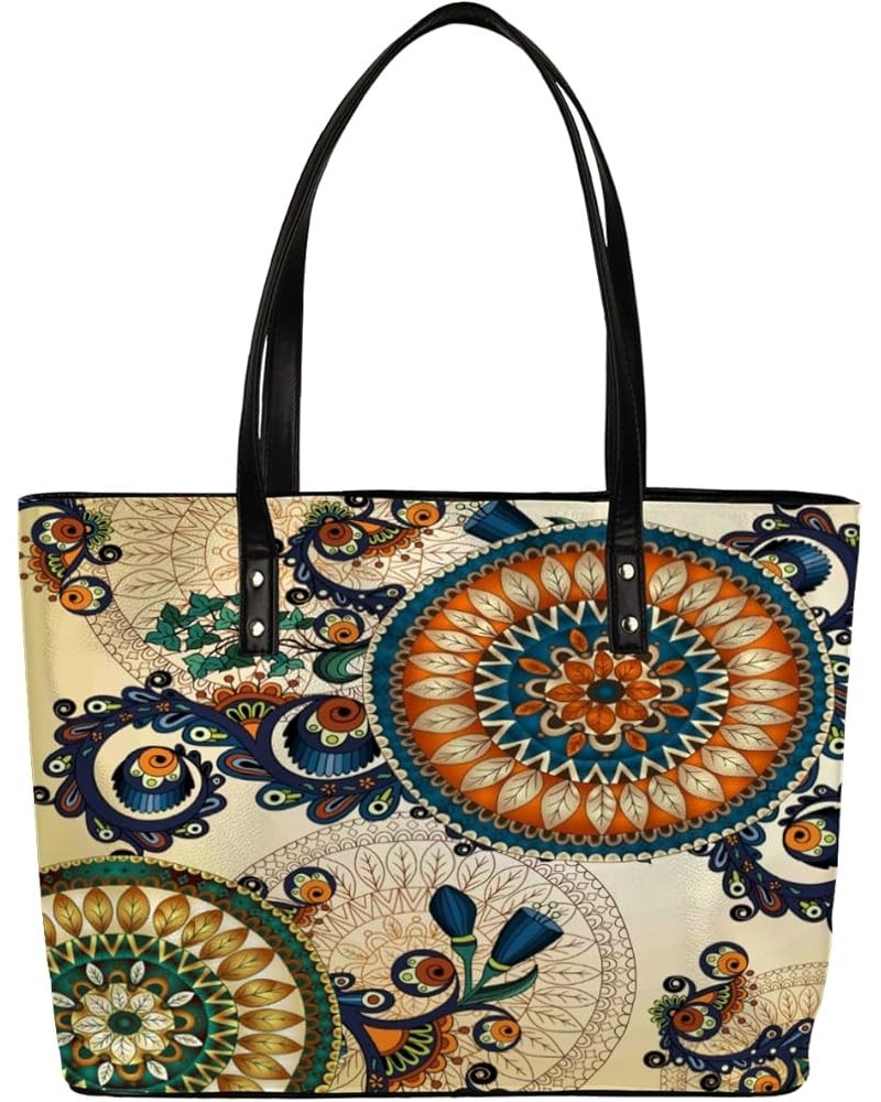 Leather Tote Bag for Women Fashion Shoulder Bag Purses and Handbags Large Capacity Satchel Bags for Work Travel Mandala Paint...