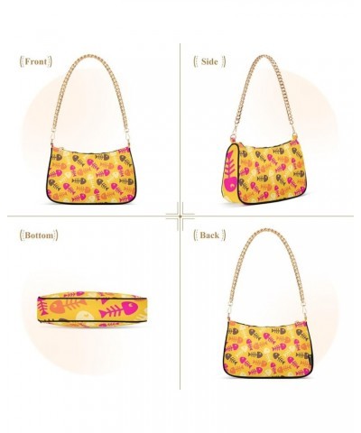 Blue Tropical Pineapples Palm Shoulder Purse for Women Going out Purse Trendy Tote Handbags Fish Bone on Yellow $10.25 Totes