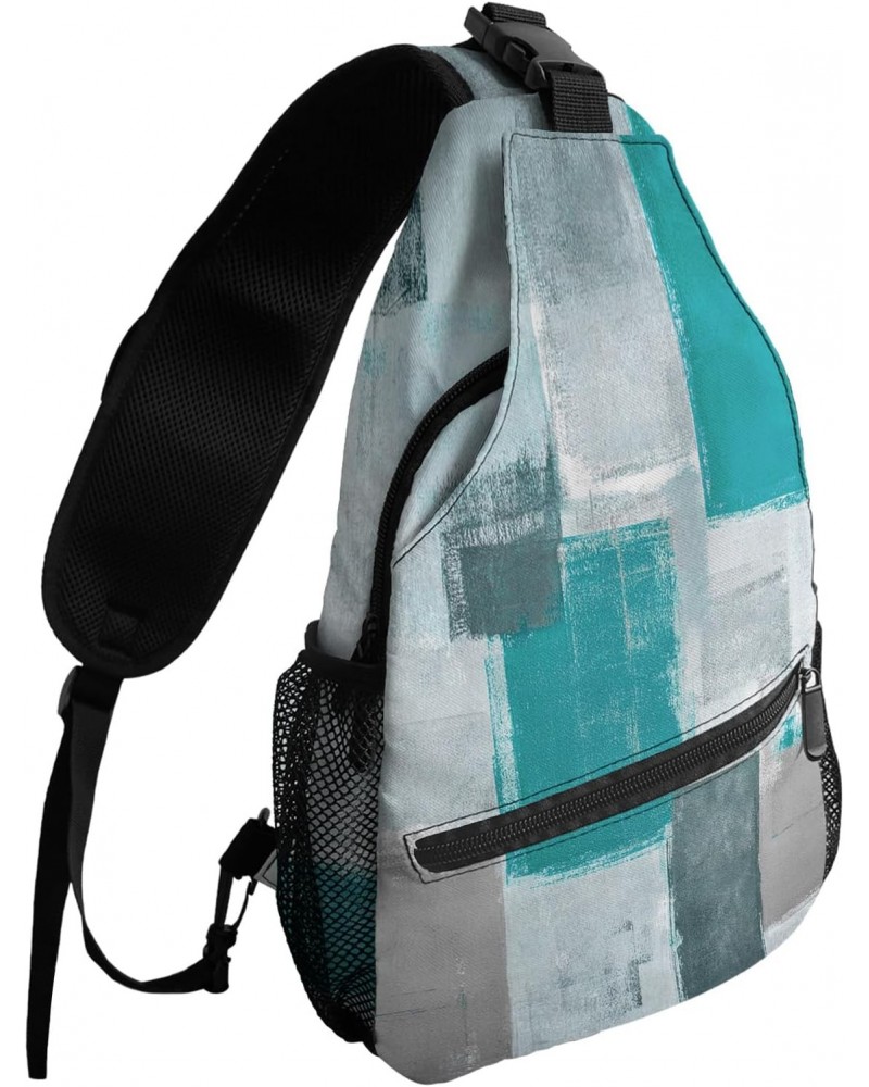 Sling Bag Crossbody Sling Backpack Turquoise and Grey Abstract Geometric Waterproof Chest Bag Daypack Shoulder Bag for Hiking...