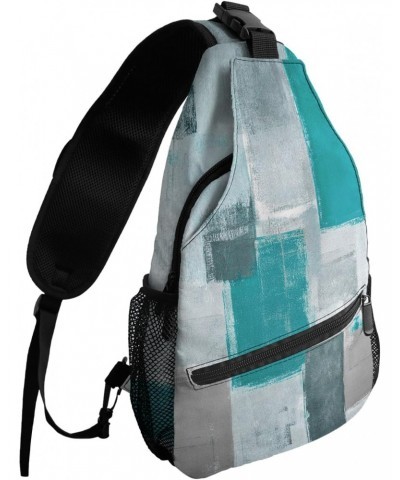 Sling Bag Crossbody Sling Backpack Turquoise and Grey Abstract Geometric Waterproof Chest Bag Daypack Shoulder Bag for Hiking...