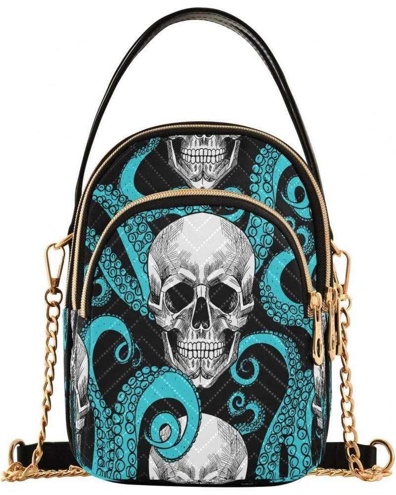 Blue Octopus Skull Crossbody Bags for Women Quilted Chain Crossbody Purses Trendy Head Bone Cross Body Phone Purse Handbag $1...