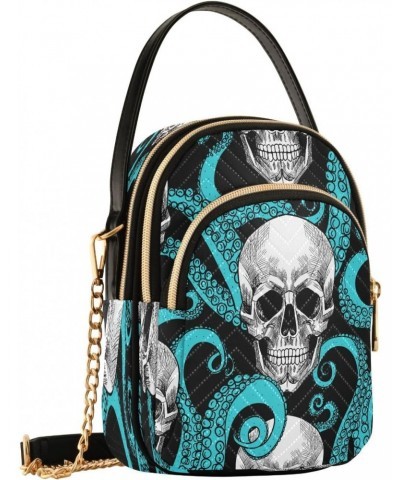 Blue Octopus Skull Crossbody Bags for Women Quilted Chain Crossbody Purses Trendy Head Bone Cross Body Phone Purse Handbag $1...