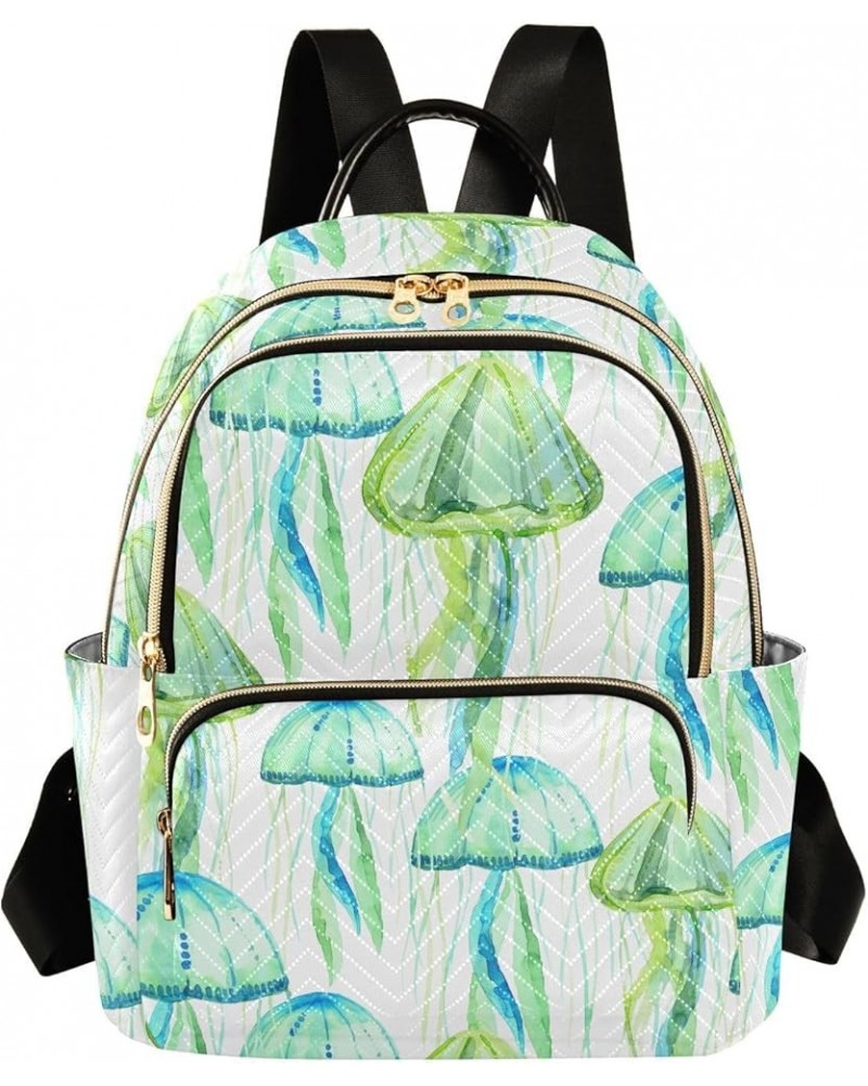 Green Jellyfish Watercolor Women Backpack Purse Shoulder Bag Color Medium $18.80 Backpacks