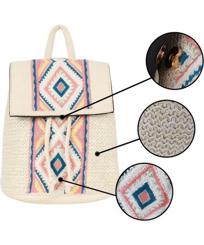 Women Mini Rhombus Embroidery Straw Woven Backpack Flap Drawstring Daypack Small Convertible Cross-body Bag Rhombus Embroider...