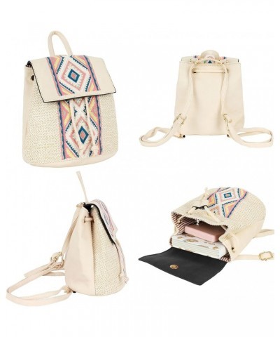 Women Mini Rhombus Embroidery Straw Woven Backpack Flap Drawstring Daypack Small Convertible Cross-body Bag Rhombus Embroider...