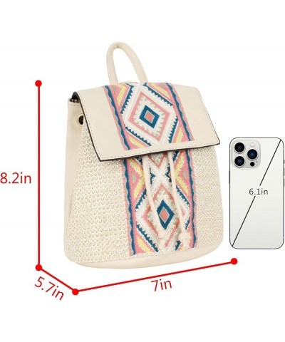 Women Mini Rhombus Embroidery Straw Woven Backpack Flap Drawstring Daypack Small Convertible Cross-body Bag Rhombus Embroider...