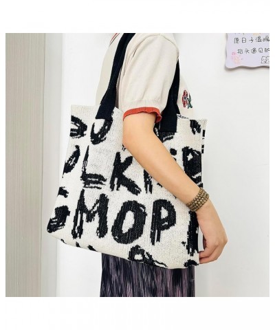 Women Crochet Grocery Bag Letter Printed Travel Shopping Handbag Large Capacity Contrast Color Ladies Daily Handba White and ...