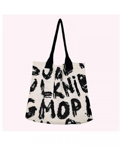 Women Crochet Grocery Bag Letter Printed Travel Shopping Handbag Large Capacity Contrast Color Ladies Daily Handba White and ...