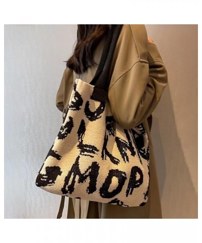 Women Crochet Grocery Bag Letter Printed Travel Shopping Handbag Large Capacity Contrast Color Ladies Daily Handba White and ...