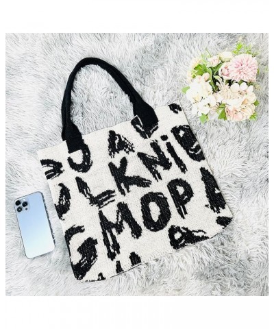 Women Crochet Grocery Bag Letter Printed Travel Shopping Handbag Large Capacity Contrast Color Ladies Daily Handba White and ...