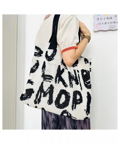 Women Crochet Grocery Bag Letter Printed Travel Shopping Handbag Large Capacity Contrast Color Ladies Daily Handba White and ...