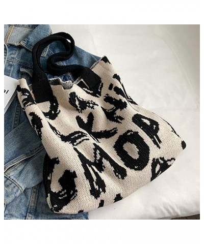 Women Crochet Grocery Bag Letter Printed Travel Shopping Handbag Large Capacity Contrast Color Ladies Daily Handba White and ...