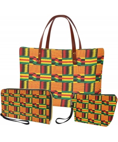 3PCS Top Handle Purse, Purse and Wallet Set for Women Tote Shoulder Bag with PU Wallet Clutch Purse African Style-orange $25....