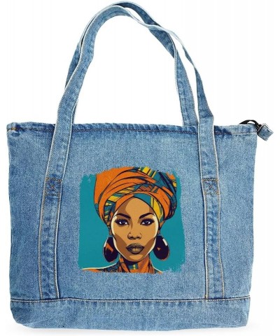 African Woman Art Denim Tote Bag - Friend Bags - Gift for Her Light Washed $24.74 Totes