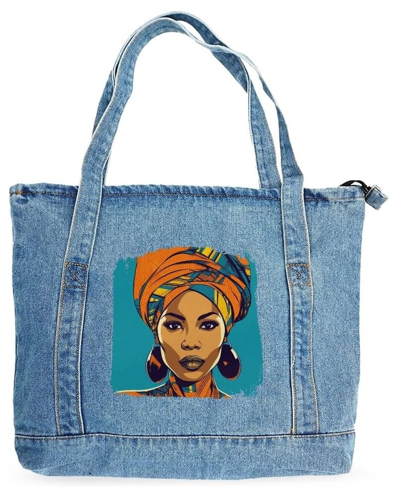 African Woman Art Denim Tote Bag - Friend Bags - Gift for Her Light Washed $24.74 Totes