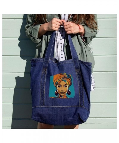 African Woman Art Denim Tote Bag - Friend Bags - Gift for Her Light Washed $24.74 Totes