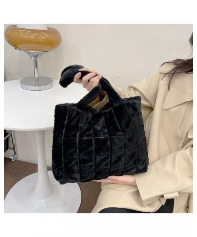 Fluffy Shoulder Bag, Women Solid Color Top Handle Bag Tote Bag, Plush Checkered Handbag for Autumn Winter Black-12.6x10.6x3.9...