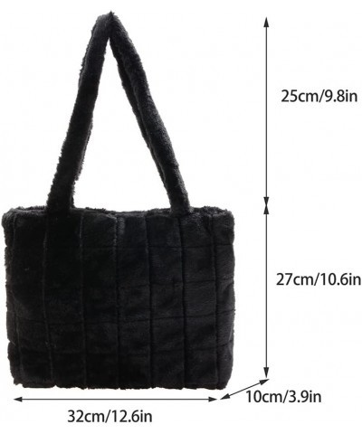 Fluffy Shoulder Bag, Women Solid Color Top Handle Bag Tote Bag, Plush Checkered Handbag for Autumn Winter Black-12.6x10.6x3.9...