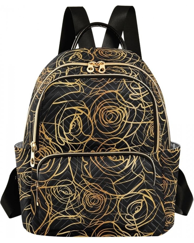 Abstract Gold Roses Flower on Black Background Small Backpack Purse for Women Travel Bag Fashion Daypack Back Pack Shoulder B...