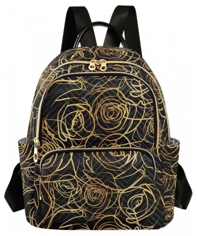 Abstract Gold Roses Flower on Black Background Small Backpack Purse for Women Travel Bag Fashion Daypack Back Pack Shoulder B...