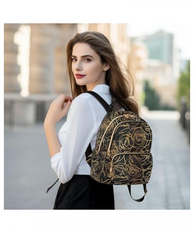 Abstract Gold Roses Flower on Black Background Small Backpack Purse for Women Travel Bag Fashion Daypack Back Pack Shoulder B...