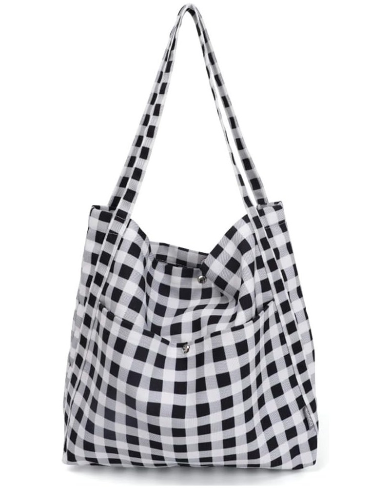 Women Large Canvas Shoulder Bags Cute Multi-pockets Tote Purse Corduroy Hobo Handbags Black Plaid $17.60 Totes