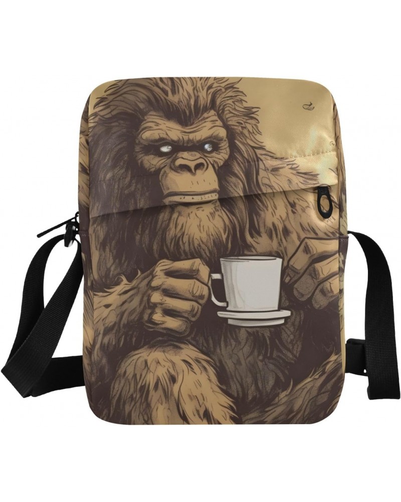 Sasquatch and Coffee Sling Bag Zipper Closure Crossbody Messenger Bags Purse with Card Phone Passport Compartment 6.6×9.4×2.5...