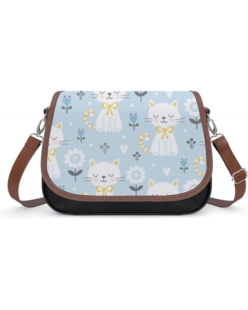 Printed Crossbody Bag Shoulder Bag PU Leather Women's Designer Satchels Cat Flower Blue Color1 $27.99 Hobo Bags