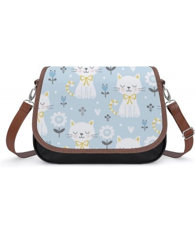 Printed Crossbody Bag Shoulder Bag PU Leather Women's Designer Satchels Cat Flower Blue Color1 $27.99 Hobo Bags