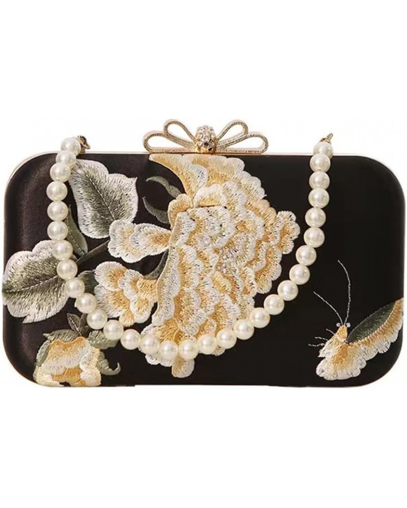 Women's Clutch Handbags Vintage Embroidery Pearl Evening Bags Floral Clutch Purse Wedding Party Chain Crossbody Bags Black $1...