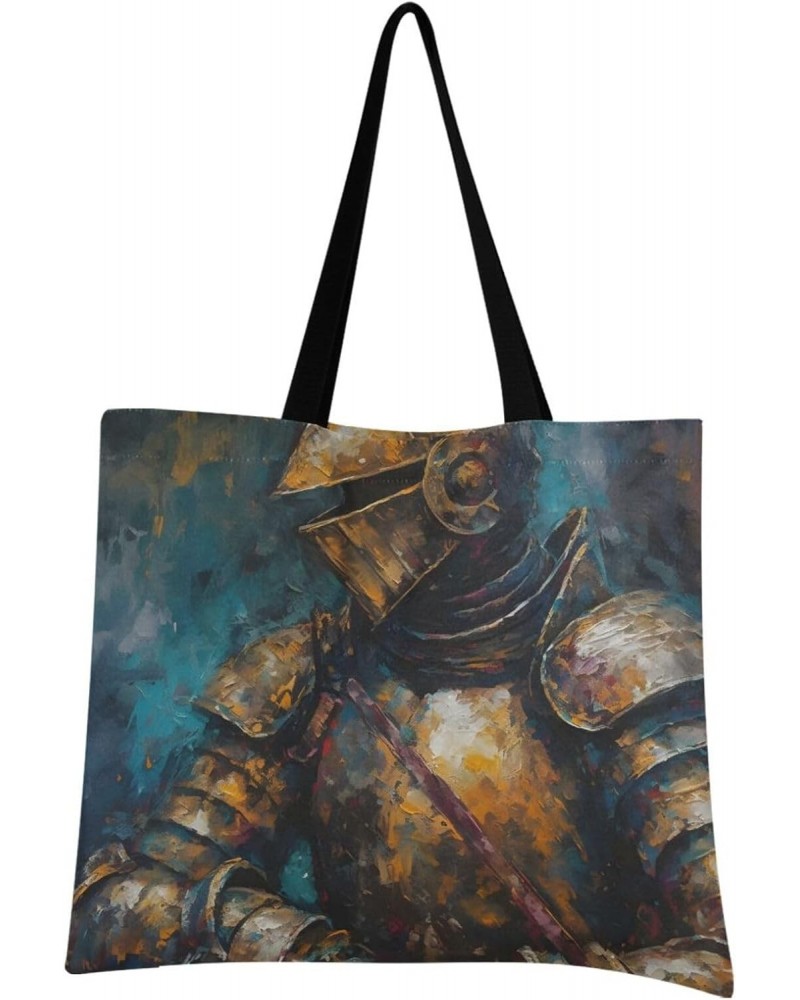 Canvas Tote Bag Aesthetic for Women (Knight Oil Painting) Print with Inner Pocket, Big Storage Shoulder Bag Grocery Bag Purse...