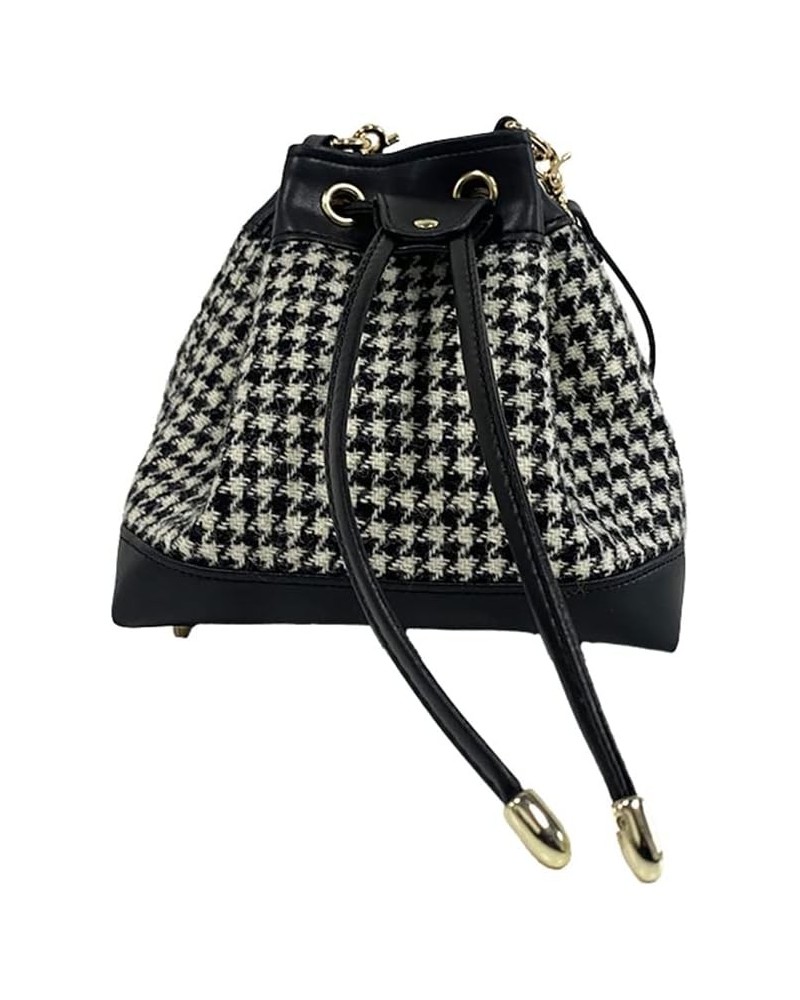 Harris Tweed Wool & Leather Bucket Bag,Stylish and Spacious Purse for Women.Crossbody/Handbag/Hobo Bag(7.5 * 6.7 * 4.7in) Bla...