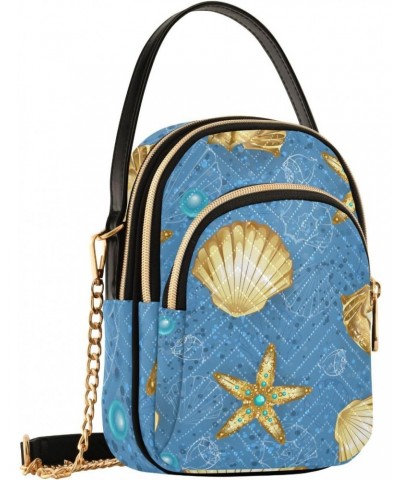 Blue and Gold Seashells Starfish Womens Sling Backpack Crossbody Chain Shoulder Bags Waist Packs Multipurpose Handbags for Tr...