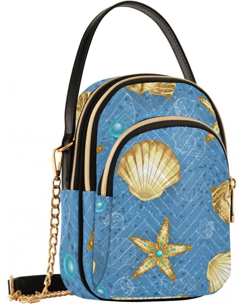 Blue and Gold Seashells Starfish Womens Sling Backpack Crossbody Chain Shoulder Bags Waist Packs Multipurpose Handbags for Tr...