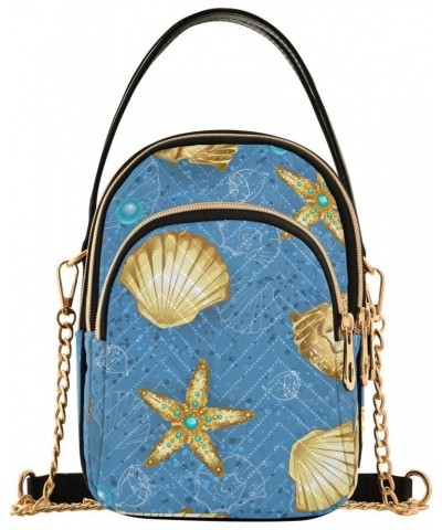 Blue and Gold Seashells Starfish Womens Sling Backpack Crossbody Chain Shoulder Bags Waist Packs Multipurpose Handbags for Tr...